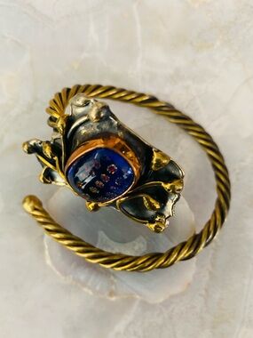 Brutalist Mixed Metal Dichroic Glass Statement Cuff Bracelet